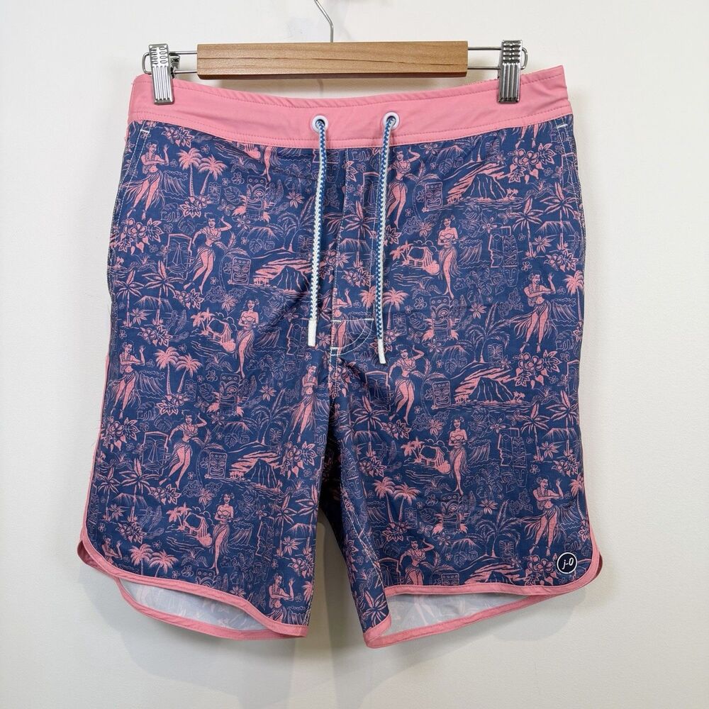 Johnnie-O Board Shorts Men's Small Pink Blue Lined Honolulu Swim Trunks Tropical